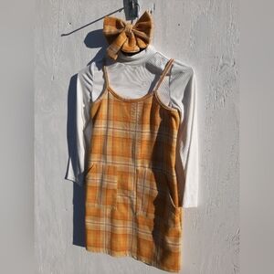 btween Yellow Plaid Pinafore with White Long Sleeve